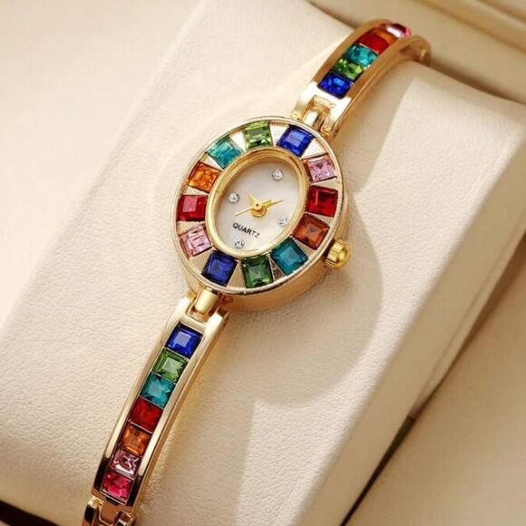 SALE 18k Gold Filled Crystal Quartz Rainbow Color Block Wrist Watch - Picture 1 of 8